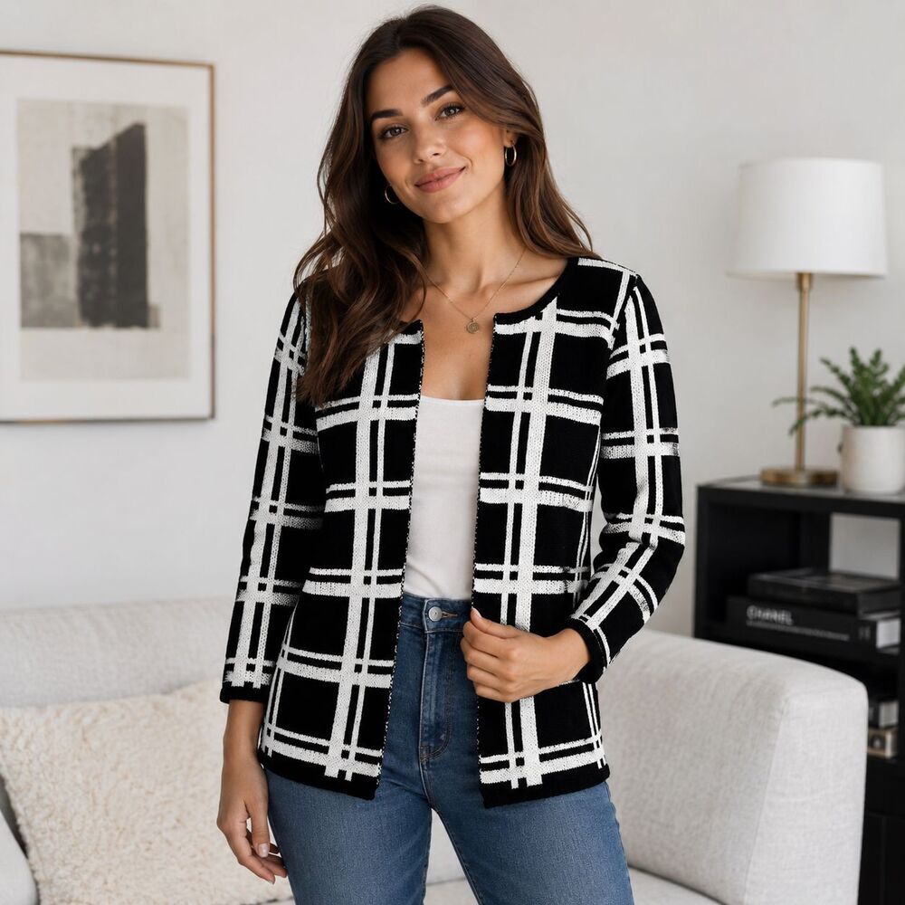 Lulumari Black White Stripe Plaid Open Cardigan Size M/L Elevated Basics Casual